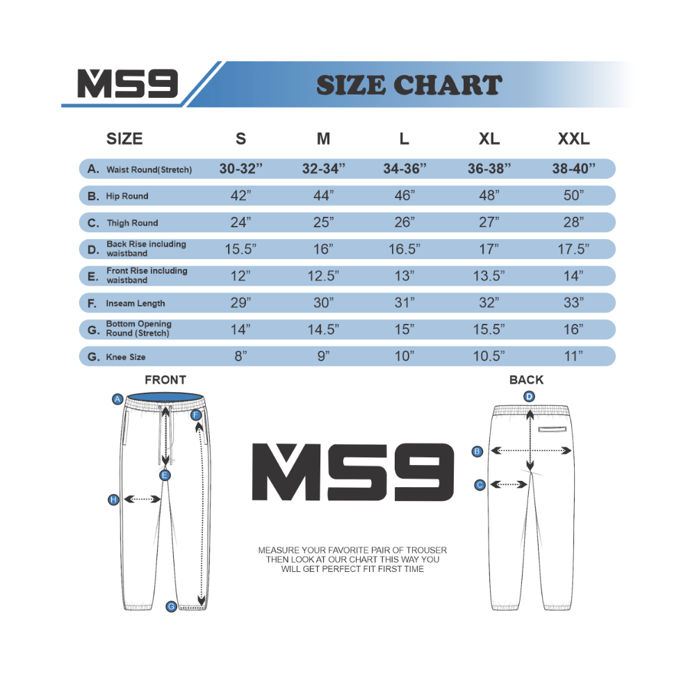 MS9 men's hi visibility hi viz vis fleece trousers size chart showing measurement of hip, knee, inseam length and waist in inches